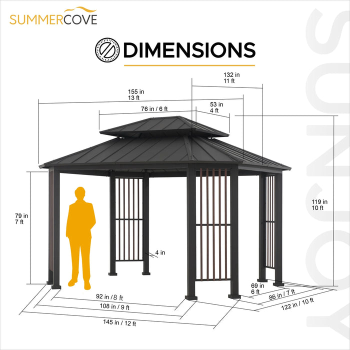 Sunjoy 11 X 13 Ft. Hardtop Gazebo Outdoor 2-Tier Steel Hardtop Metal Gazebo with Dual Rails and Ceiling Hook, Suitable for Patio & Backyard, Grey