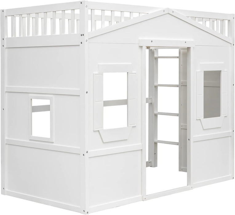 Twin Size Wood Loft Bed, House Bed Frame with Ladder and Safety Guardrails for Kids, No Box Spring Needed, White