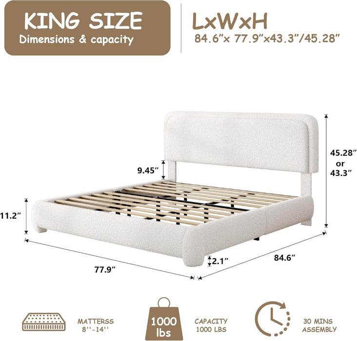 King Size Boucle Bed Frame, Cloud Upholstered Platform Bed with Height Adjustable Headboard & Soft Rounded Corners, No Box Spring Needed, Noise Free, Easy Assembly, White