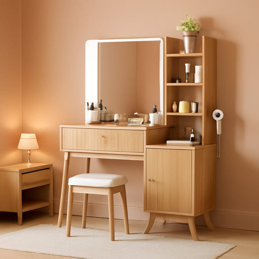 Fluted Makeup Vanity Desk with Large Lighted Mirror, Glass Top Vanity Table with 2 Drawers & Sliding Cabinet, Dressing Table with Stool and Charging Station for Bedroom, Natural Oak