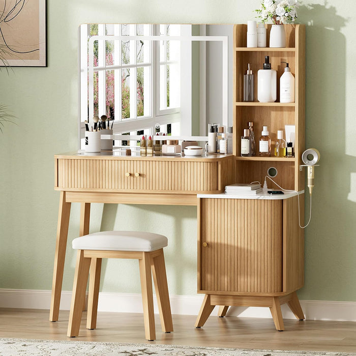 Fluted Makeup Vanity Desk with Large Lighted Mirror, Glass Top Vanity Table with 2 Drawers & Sliding Cabinet, Dressing Table with Stool and Charging Station for Bedroom, Natural Oak