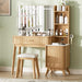 Fluted Makeup Vanity Desk with Large Lighted Mirror, Glass Top Vanity Table with 2 Drawers & Sliding Cabinet, Dressing Table with Stool and Charging Station for Bedroom, Natural Oak