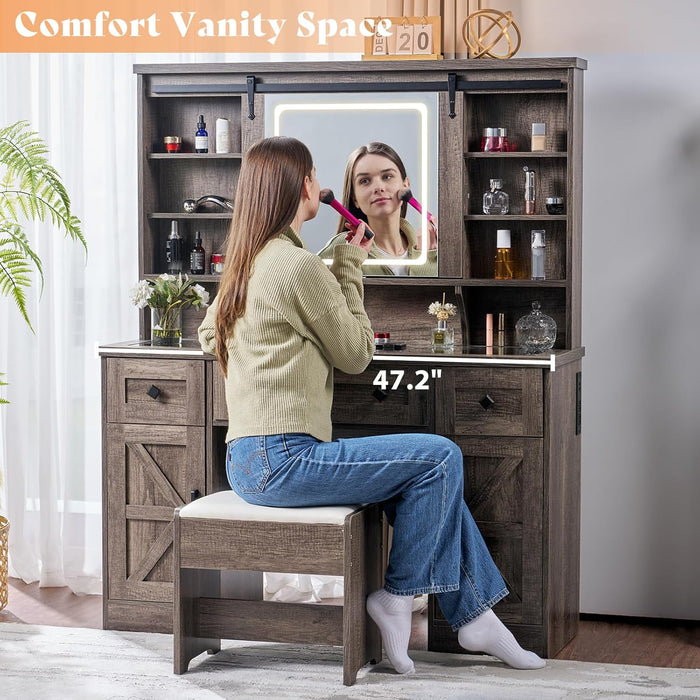 47.2" Farmhouse Vanity Desk with Mirror and Lights, Rustic Makeup Vanity Table with Charging Station, Vanity Set with Stool & Storage, LED Sliding Mirror & Glass Top, Dark Oak Finish