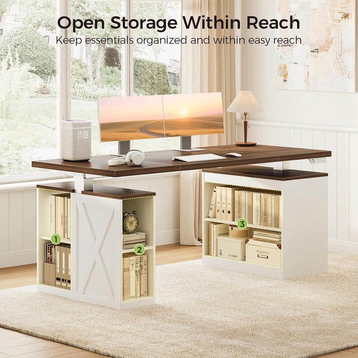 Farmhouse 55 Inch Electric Standing Desk with Storage, Walnut+White