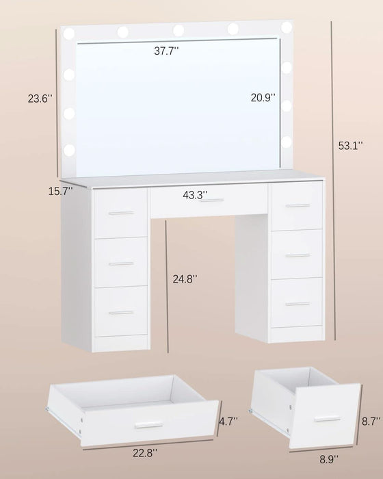 Vanity Table, Makeup Desk with Lighted Mirror, Dressing Desk with Drawers and Adjustable Brightness, 3 Color Lighting Modes, Vanity Desk for Women(White)
