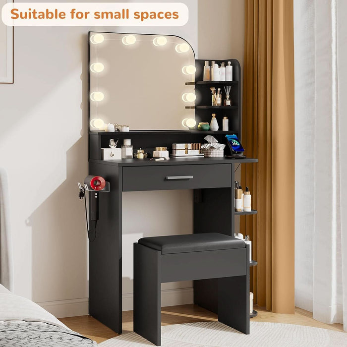 Makeup Vanity with Chair, Small Vanity Desk with Mirror and Lights 3 Colors, Girls Vanity Set with Power Outlet, Compact Vanity Table for Small Space, Black