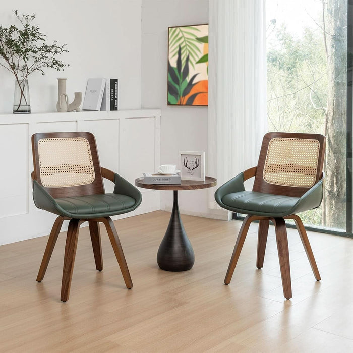 Set of 4 Green Rattan Dining Chairs - Mid Century Modern Dining Chairs with Walnut Bentwood Frame, Ergonomic Rattan Back, Curved Arms, Versatile for Living Room/Conference/Kitchen (Walnut Green)