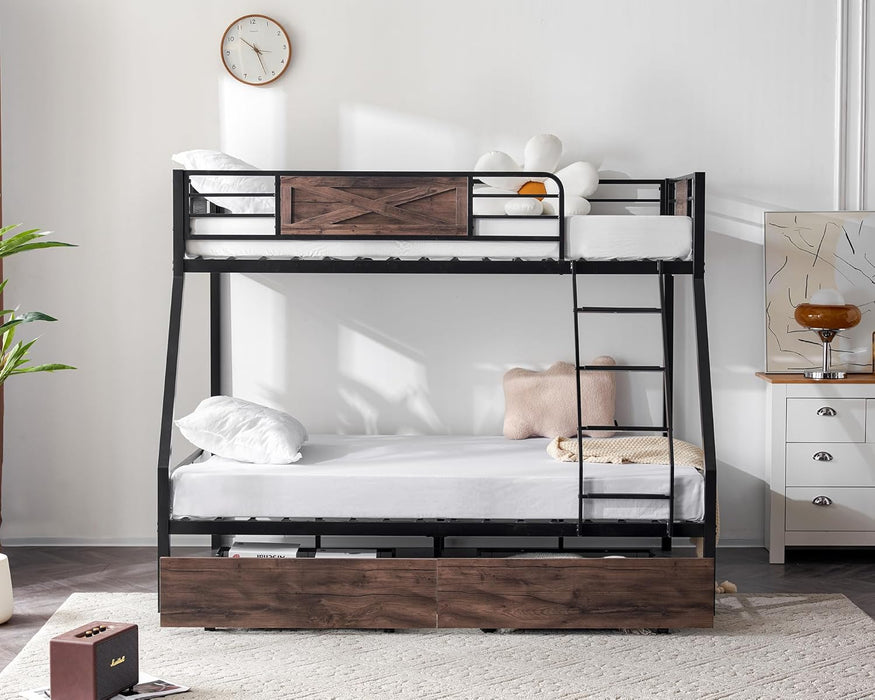Bunk Bed Twin over Full Size with 2 Storage Drawers/Flat Rungs/Inclined Ladder, Heavy Duty Metal Slat Support, No Box Spring Needed, Black/Industrial Brown