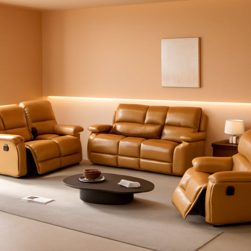 Manual Recliner Sofa Set Vegan Leather Reclining Sofa Set Living Room Furniture Sets Loveseat Couch Chair Set with Cup Holders/Storage Console/Drop down Table for Home/Office (Ginger,3Pcs Set)