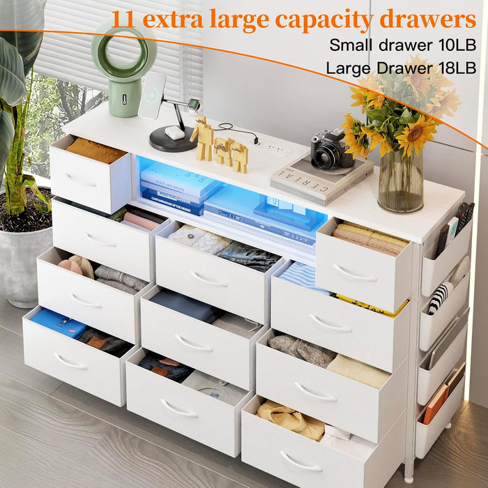 White Dresser for Bedroom with Power Outlets and LED Lights 11 Drawers Dresser with Side Pocket for Kids Bedroom, Fabric Chest of Drawers, for 60Inch TV Long Dresser Storage Organizer