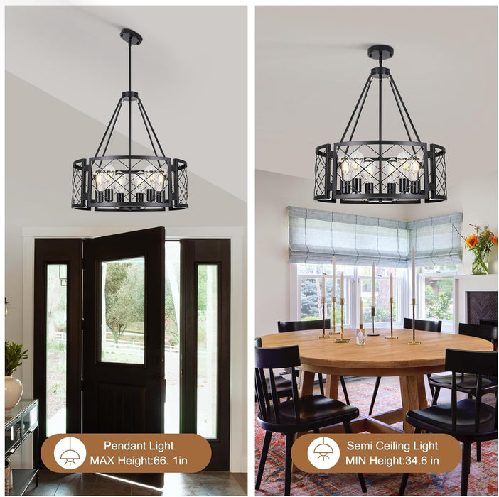 6-Light Farmhouse Chandelier Black Drum Pendant Light