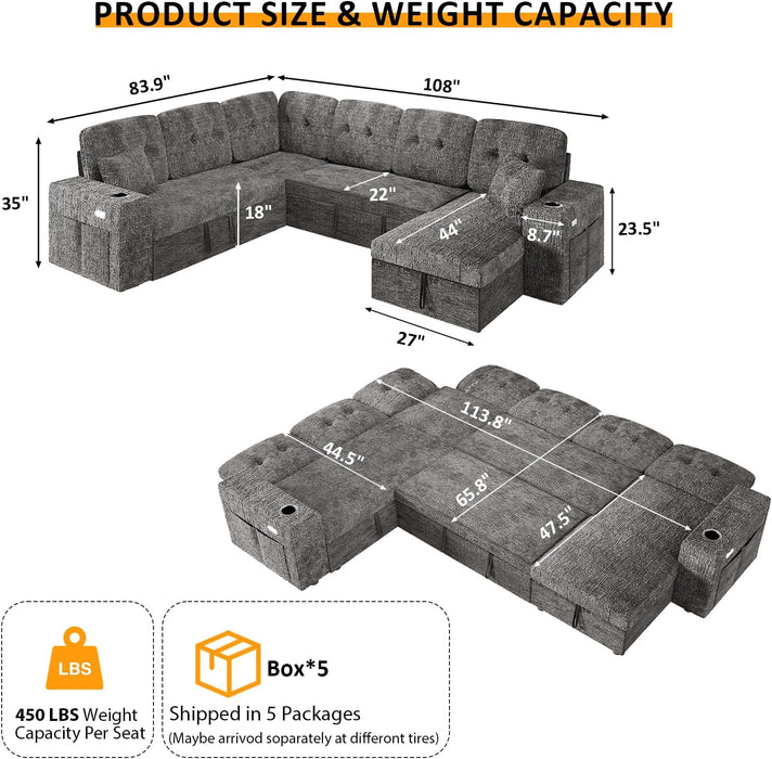 Modular Sectional Sleeper Sofa with Pull Out Bed, 108 Inch U Shaped 7 Seat Couches for Living Room, Chenille Fabric Cloud Couch Bed with Storage & Reclining Backrest, USB Charging, Grey