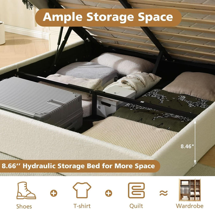 Queen Size Lift-Up Storage Bed, Upholstered Boucle Bed with Curved Headboard, Rounded Corners, Sturdy Wooden Slat Support, No Box Spring Needed, Easy Assembly, Cream White