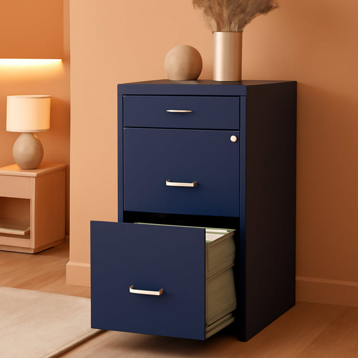 Space Solutions 18In Deep 3 Drawer Metal Organizer File Cabinet Navy, Letter Size, Fully Assembled
