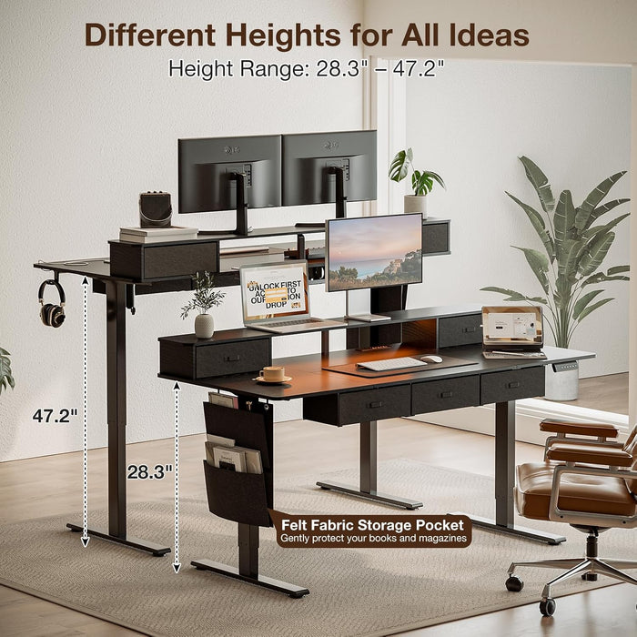71X32" Electric Standing Desk with 5 Drawers,Power Outlets,Led Light, Black