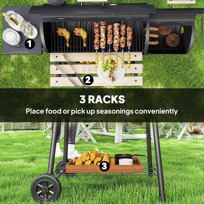 Charcoal Grill with Offset Smoker, 231 Sq.In. Cooking Area, Barrel BBQ Grill and Smoker Combo with Side Tables, Shelf, Thermometer, Wheels for Outdoor Patio Backyard Party Event Gathering