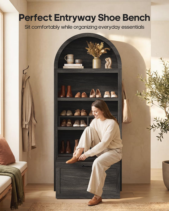 76.6" Arched Bookshelf with Rolling Storage Bench, Wood Tall Arch Bookcase | 5-Tier with Bookshelf Riser, Multi-Functional Display Cabinet, Bookshelf with Storage for Living Room, Entryway