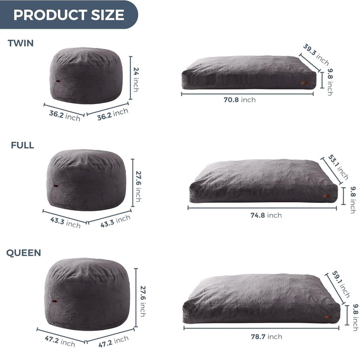 Giant Bean Bag Chair Bed for Adults, Convertible Beanbag Folds from Lazy Chair to Floor Mattress Bed, Large Floor Sofa Couch, Big Sofa Bed, High-Density Foam Filling, Machine Washable