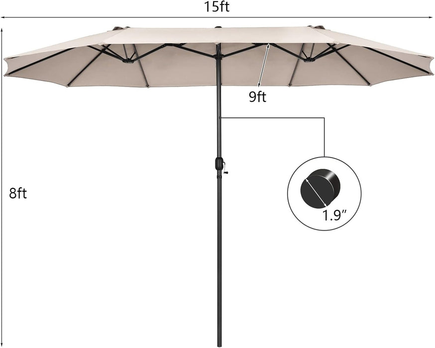15Ft Double-Sided Patio Umbrella, Outdoor Extra Large Umbrella W/Hand-Crank System & Air Vents, Market Twin Umbrella W/ 12-Rib Sturdy Metal Frame for Poolside, Garden Backyard (Beige)