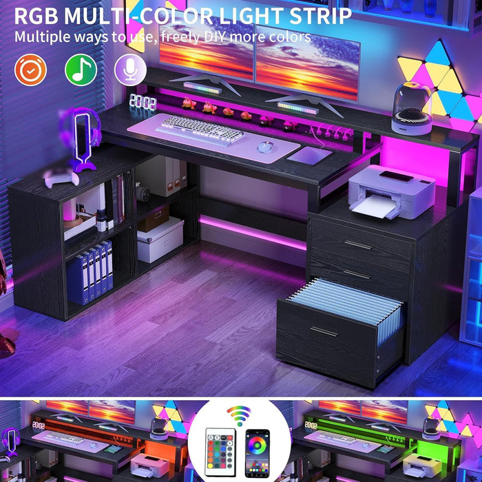 L Shaped Desk with Drawers, 65" Computer Desk with Power Outlets & LED Lights, Corner Home Office Desk with Storage Shelves & Printer Stand, Black