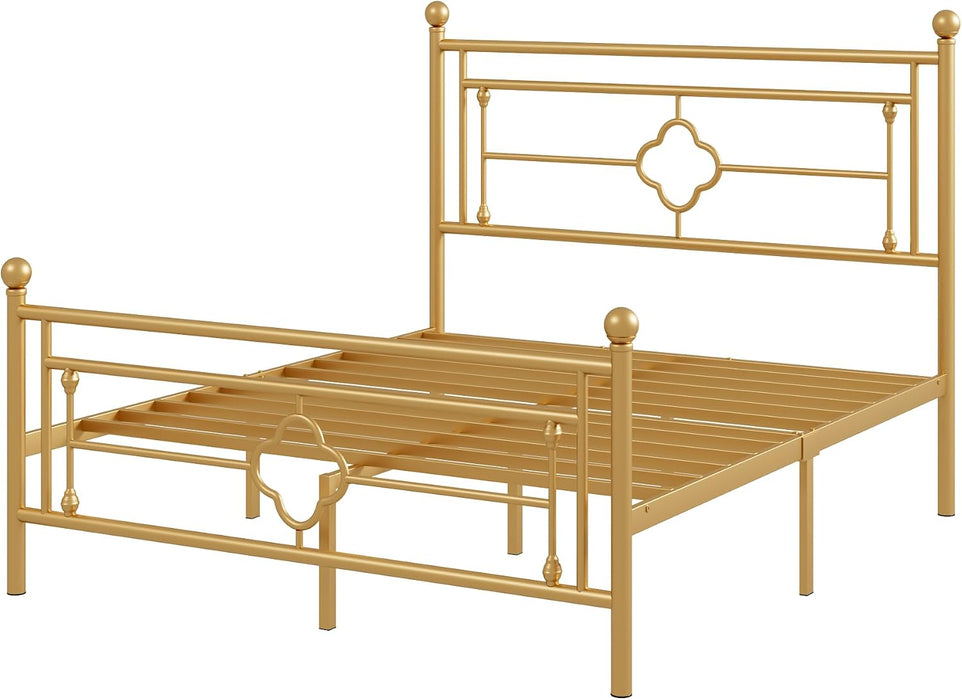 Queen Size Metal Platform Bed Frame, Victorian Headboard, Gold