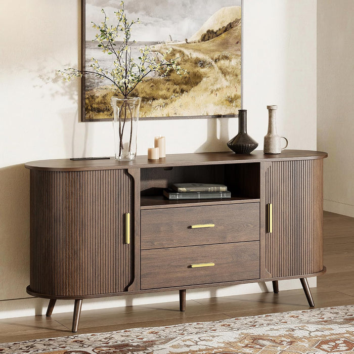 60" Sideboard Buffet Cabinet, Walnut Buffet Sideboard Storage Cabinet, Sliding Door & Adjustable Shelf, Mid-Century Modern Accent Coffee Bar Console Table for Kitchen, Entryway/Living Room/Dining Room