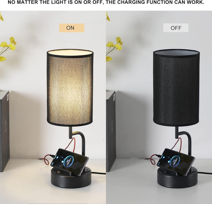 Table Lamp with 3 USB Charging Ports, Modern Desk Lamp with AC Outlet and Phone Stands, Perfect Bedside Lamp for Bedroom, Living Room, Office (Pack of 2), Black