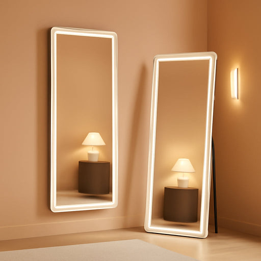 58"X18" Full Length Mirror with LED Lights, Dimmable Lighted Floor Mirror with 3 Color Lighting & Touch Control, Standing Wall Mounted Full Body Mirror, Tempered Glass for Bedroom, White