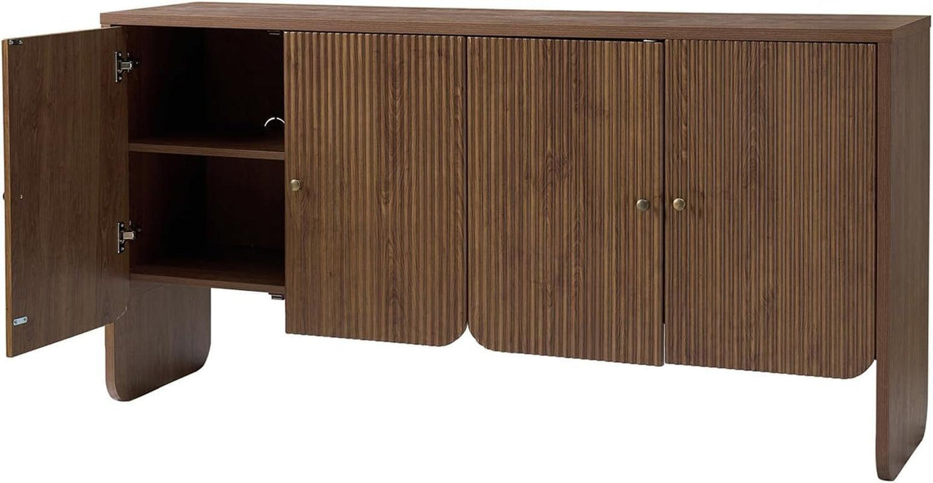 63" Wide Fluted Sideboard Buffet Cabinet Solid Wood, Modern Storage with 4 Adjustable Shelves & Doors, Multifunctional Credenza for Dining Room,Living Room,Entryway,Walnut