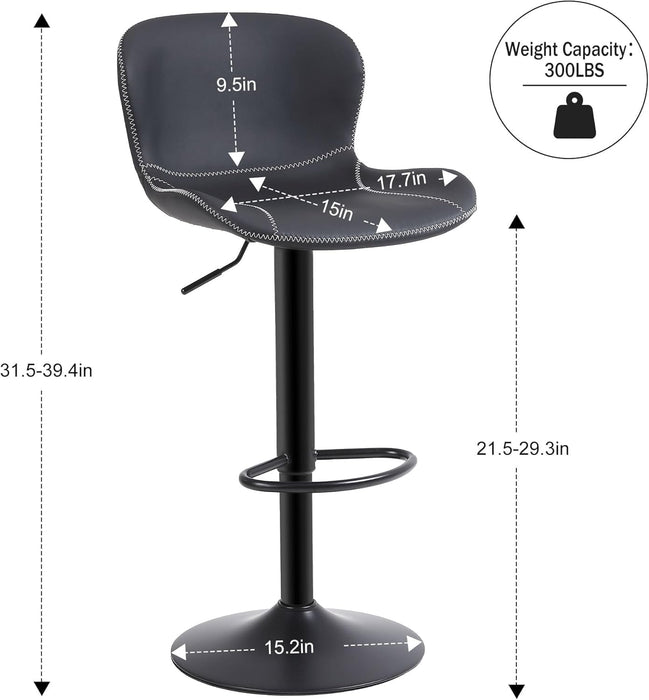 Bar Stools Set of 2, PU Leather Counter Height Barstools with Back, Height Adjustable Swivel Bar Chairs, Modern Armless Kitchen Island Stool, Black