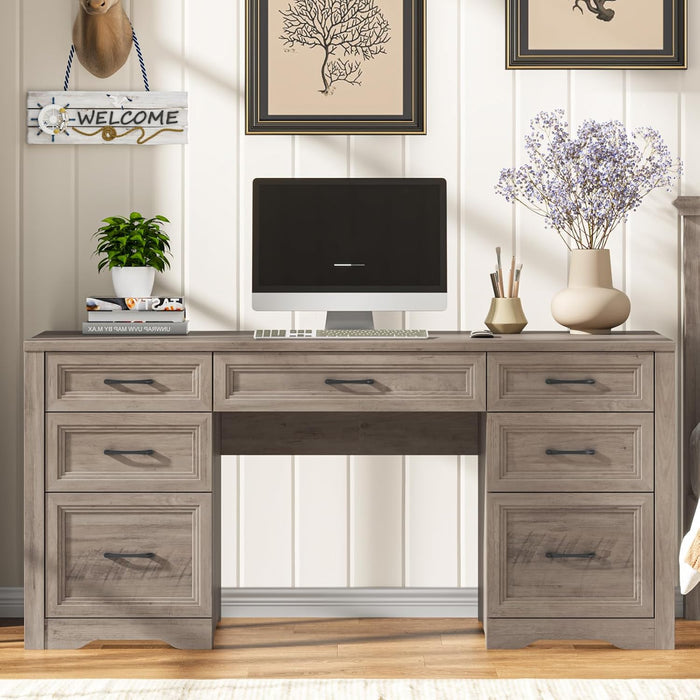 Farmhouse Executive Desk with File Drawer, Home Office Desk with Ample Storage, Rustic Office Desk with Spacious Tabletop for Work, Grey