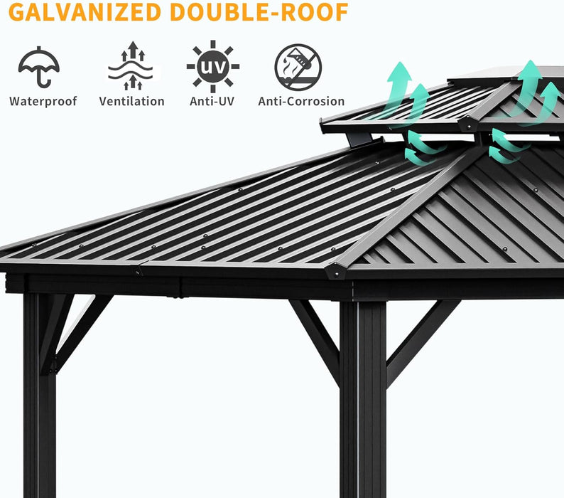 10X12 Hardtop Gazebo on Clearance with Heavy Duty Galvanized Steel Metal Roof, Aluminum Frame,Patio Hard Top Gazebos with Curtains and Netting, Outdoor Permanent Pavillon for Backyard,Black