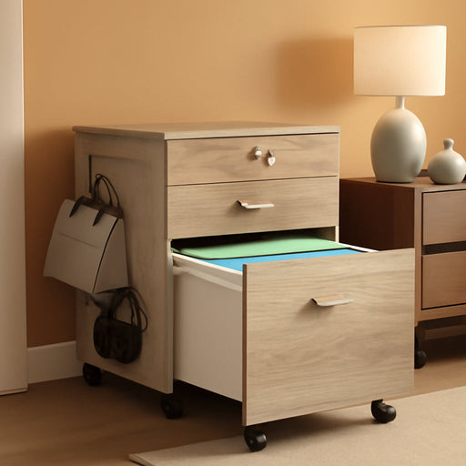 Box File Rolling Mobile Cabinet with Side Pegboard, Maple
