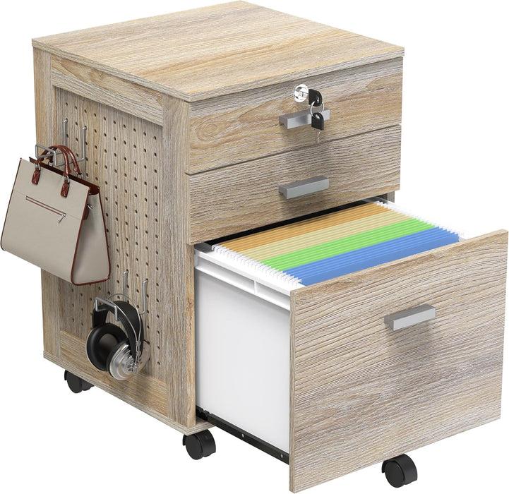 Box File Rolling Mobile Cabinet with Side Pegboard, Maple