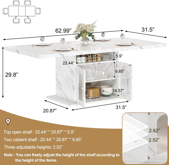 63" Modern White Faux Marble Dining Table for 6 with Storage Cabinet | Rectangular Kitchen Dinner Table with 3-Tier Shelves and an Acrylic Door, Seats 4-6,Table Only for Dining Room and Apartment
