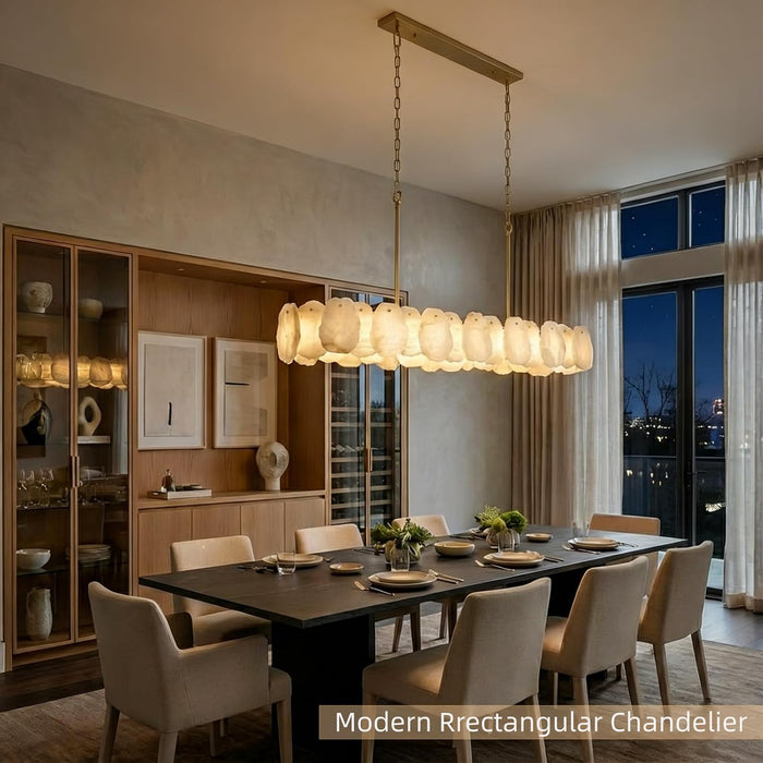 Alabaster Chandelier, 58 Inch Modern Rectangular Chandelier for Dining Room, Dimmable Linear Chandeliers for Kitchen Island, Natural Spanish Marble Stone Chandeliers for Dining Table, Living Room
