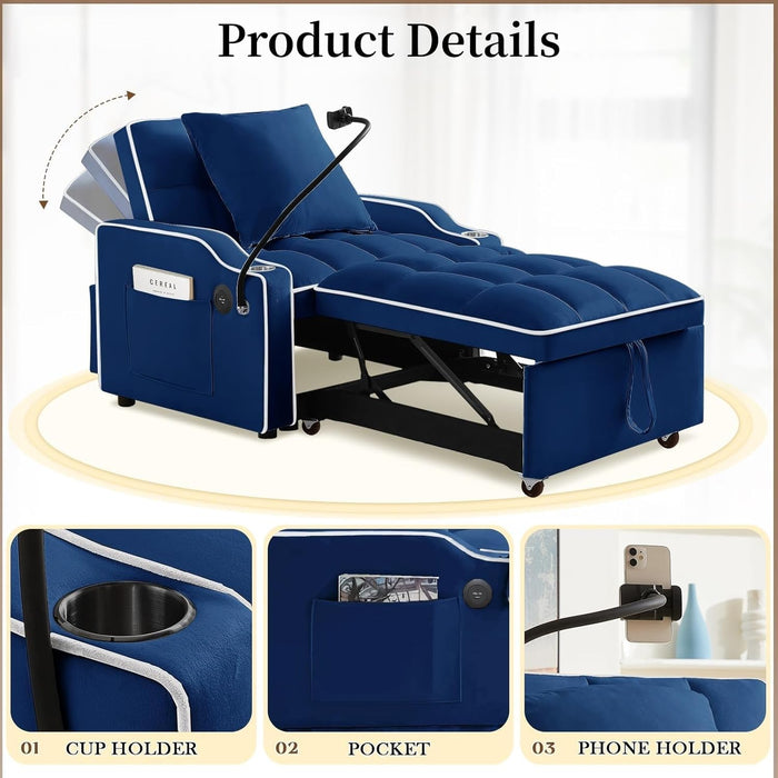 Blue Convertible Sleeper Chair With Integrated Cupholder