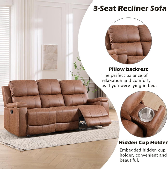 Faux Leather Manual Reclining Sofa,3 Seat Recliner Couch Sofa with Overstuffed Arms and Back,Manual Recliner Sofa Set with Concealed Cup Holders for Living Room,Brown