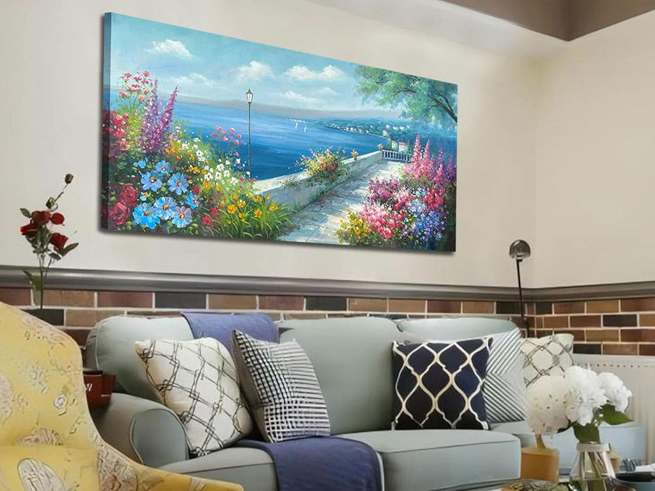 Blue Landscape Wall Art Canvas for Living Room Ocean Coastal Mediterranean Painting Bedroom 100% Hand Painted Seascape Garden Flower Picture Artwork Large Framed Home Office Wall Decor, 48"X24"