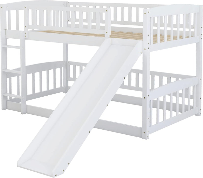 Bunk Bed Twin over Twin with Slide and Stairs, Twin Bunk Bed for Kids, Girls, Boys, Floor Bunk Bed with Fence and Door, White