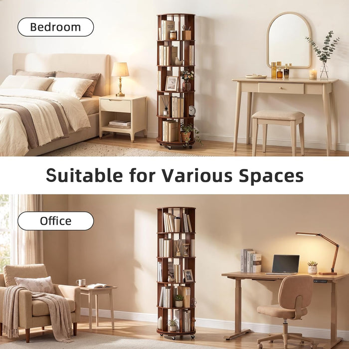 5-Tier Solid Wood Rotating Bookshelf on Wheels for Small Spaces