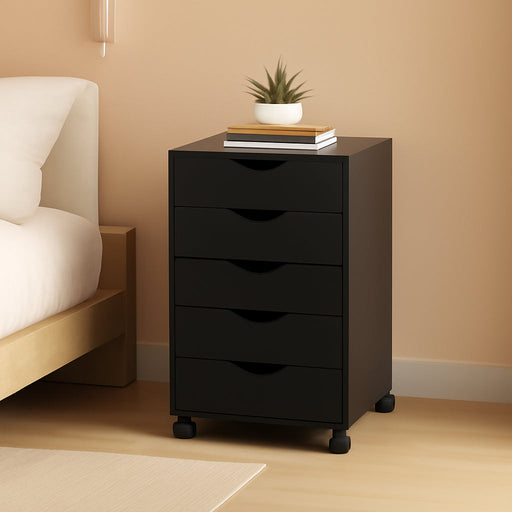 5 Drawer Mobile File Cabinet under Desk Storage Organization with Wheels Vertical Filing Chest Rolling Wood Small Desk Printer Stand for Home Office, Black