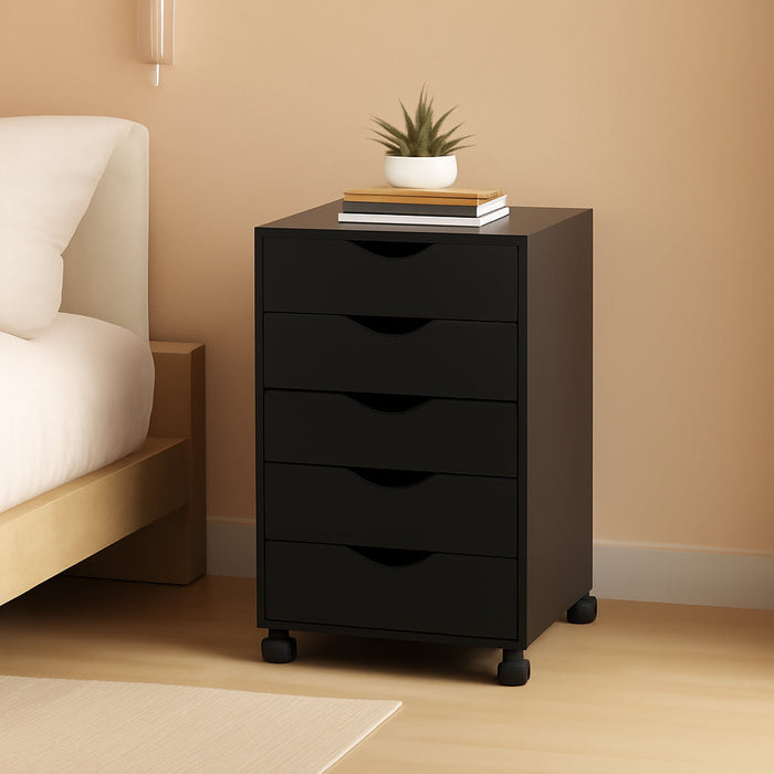 5 Drawer Mobile File Cabinet under Desk Storage Organization with Wheels Vertical Filing Chest Rolling Wood Small Desk Printer Stand for Home Office, Black