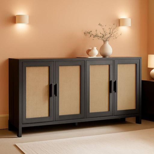 Rattan Buffet Cabinet with Storage, Sideboard with Doors, Console Table, Farmhouse Coffee Bar, Modern Wood Long Cabinets (Brown Black)
