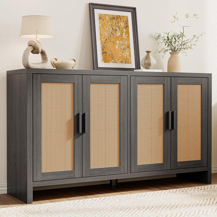 Rattan Buffet Cabinet with Storage, Sideboard with Doors, Console Table, Farmhouse Coffee Bar, Modern Wood Long Cabinets (Brown Black)