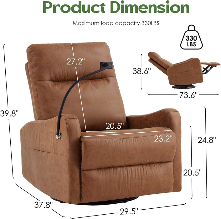 Oversized Recliner Chair, Leather Swivel Rocking Chair Reclining with Phone Holder, Ergonomic Lazy Boy Fabric Sofa Chair with Lumbar Support, Manual Glider Chair for Living Room, RV, Brown