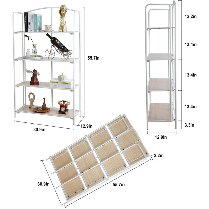No Assembly Folding Bookshelf for Living Room, 4 Tier White Collapsible Book Shelf for Home Office, Portable Bookcase Storage Organizer