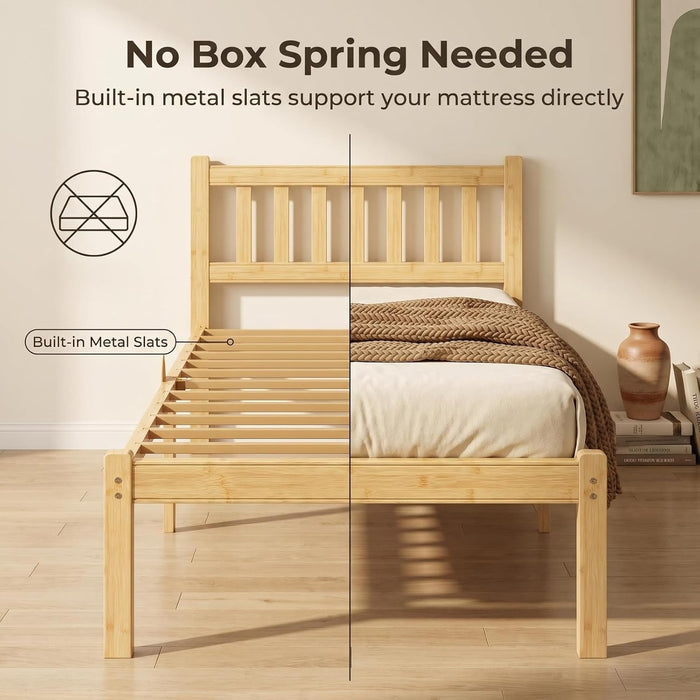 Wood Twin Bed Frame with Headboard, 18 Inch High Solid Bamboo Platform Bed No Box Spring Needed, Modern Minimalist Heavy Duty Bedframe, Easy Assembly, Noise Free