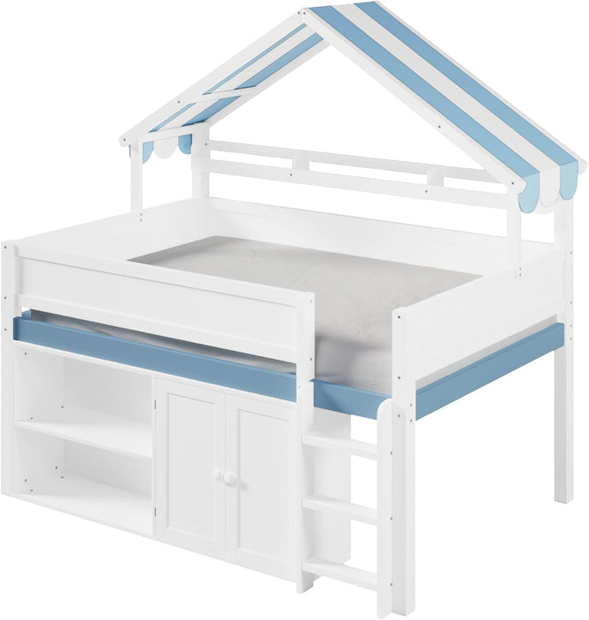 WhiteBlue Full Size Loft Bed WithIntegratedStorage