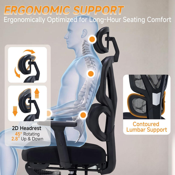 Ergonomic Office Chair with Footrest, 90-160° Reclining Mesh Desk Chair, 3D Armrest & 2D Headrest & Comfortable Lumbar Support, High Back Mesh Computer Chair for Home Office Long Hours, Tilt Lock